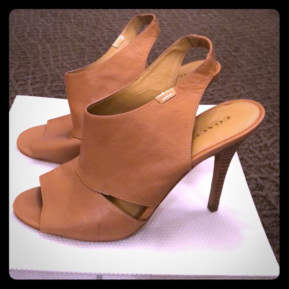Brown leather Coach sling back heels, size 9